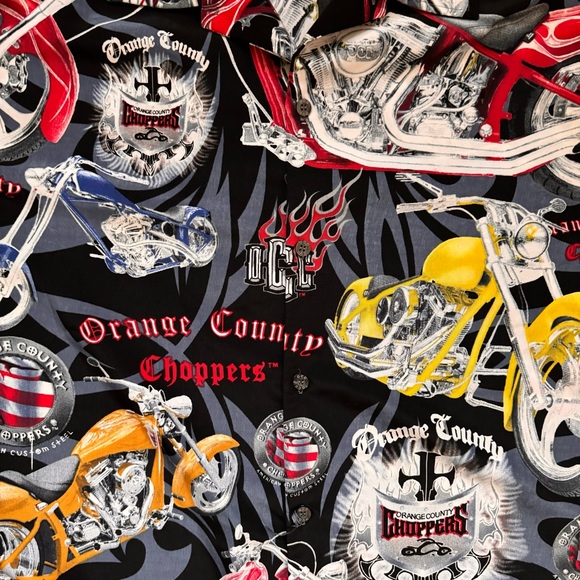 Vintage Y2K Orange County Ripped Motorcycle Camp Button Up Sz Large - Picture 2 of 8